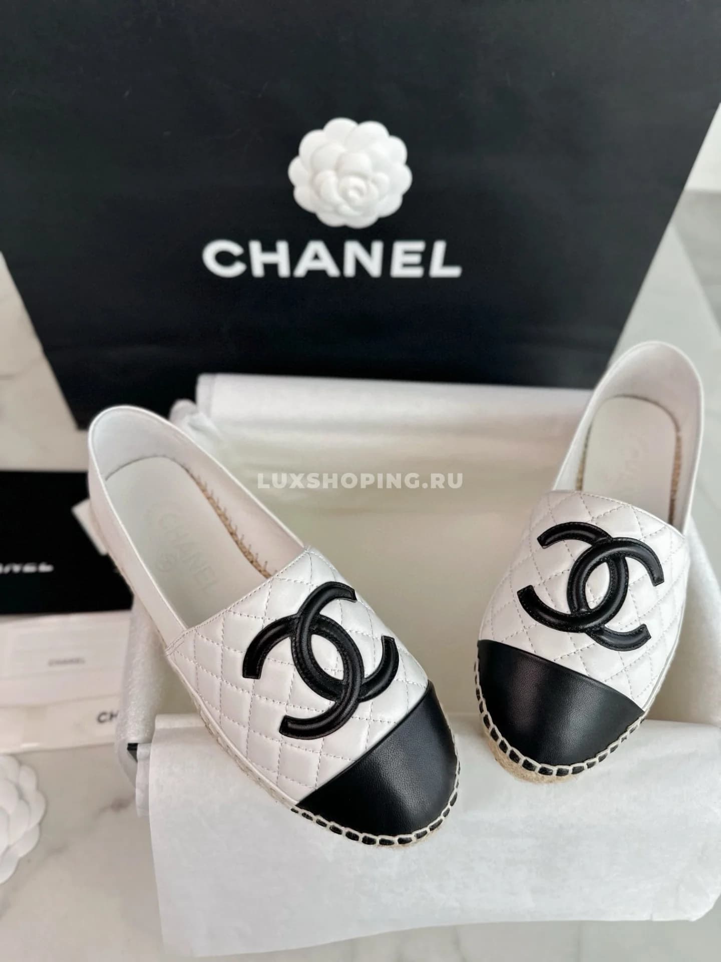 𝐂𝐡𝐚𝐧𝐞𝐥 эспадрильи кожаные стеганные белые с черным - фото 6