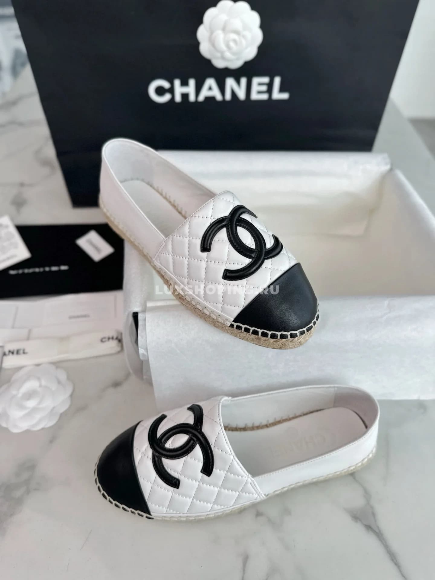 𝐂𝐡𝐚𝐧𝐞𝐥 эспадрильи кожаные стеганные белые с черным - фото 7