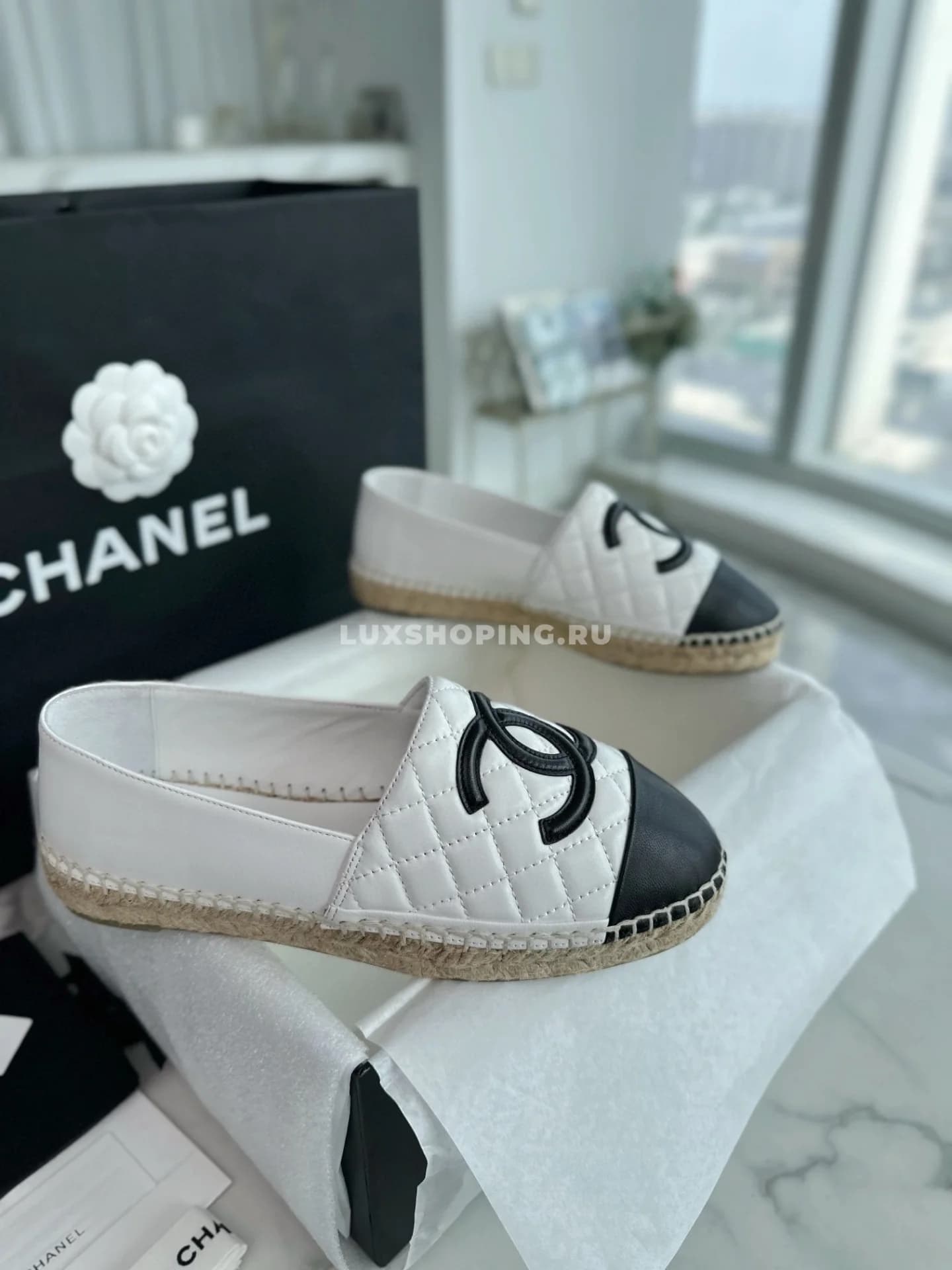 𝐂𝐡𝐚𝐧𝐞𝐥 эспадрильи кожаные стеганные белые с черным - фото 9