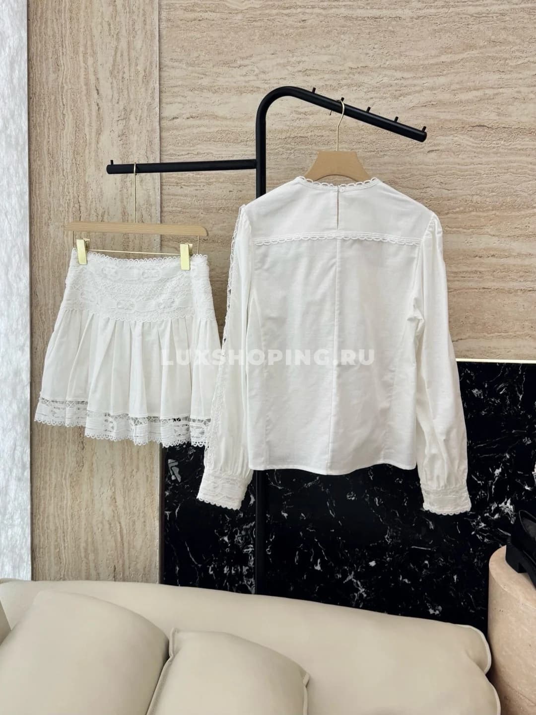 Zimmermann льняной кружевной костюм  с юбкой белый - фото 2