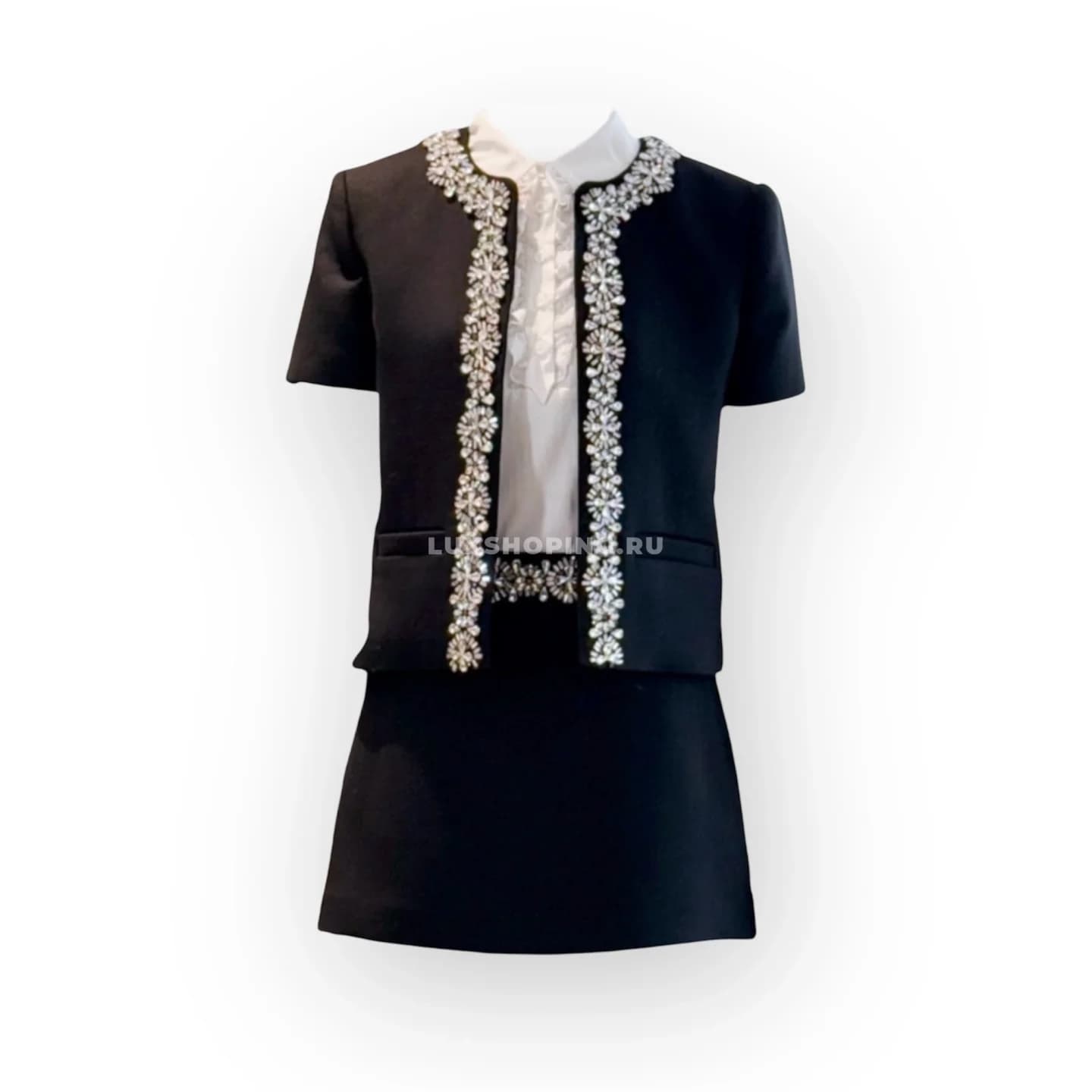 CELINE Черно-белый твидовый костюм с кристаллами