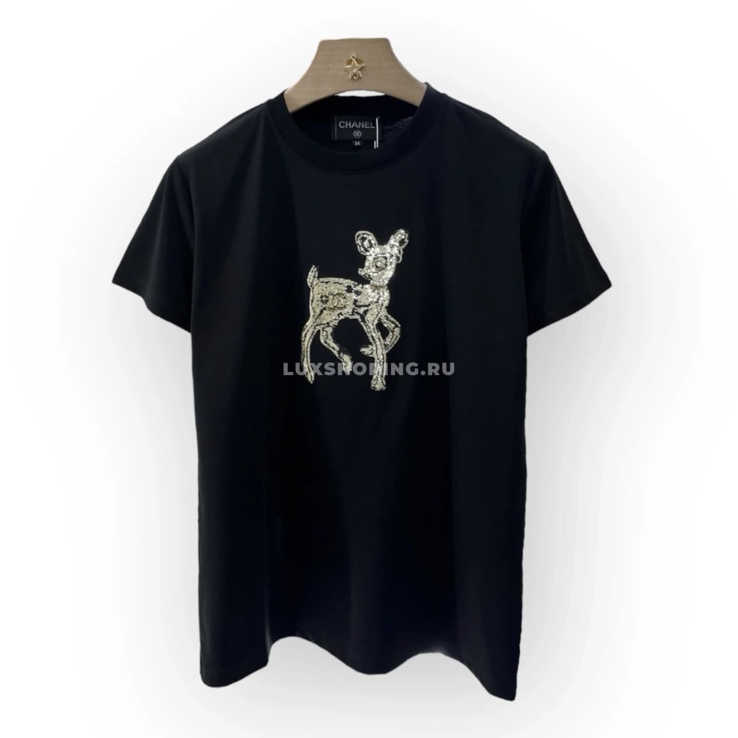 CHANEL Элегантная футболка с вышивкой и стразами черная