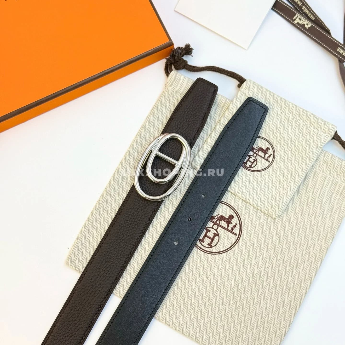Hermès Мужской ремень Odyssee Togo 32мм двусторонний silver - фото 6