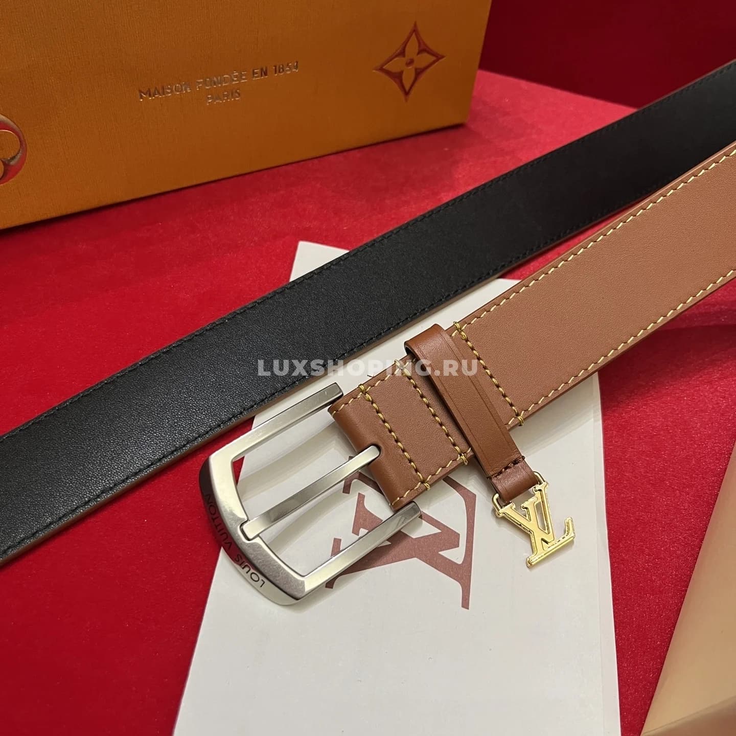 Мужской ремень Louis Vuitton 3.5см, коричневый silver - фото 3