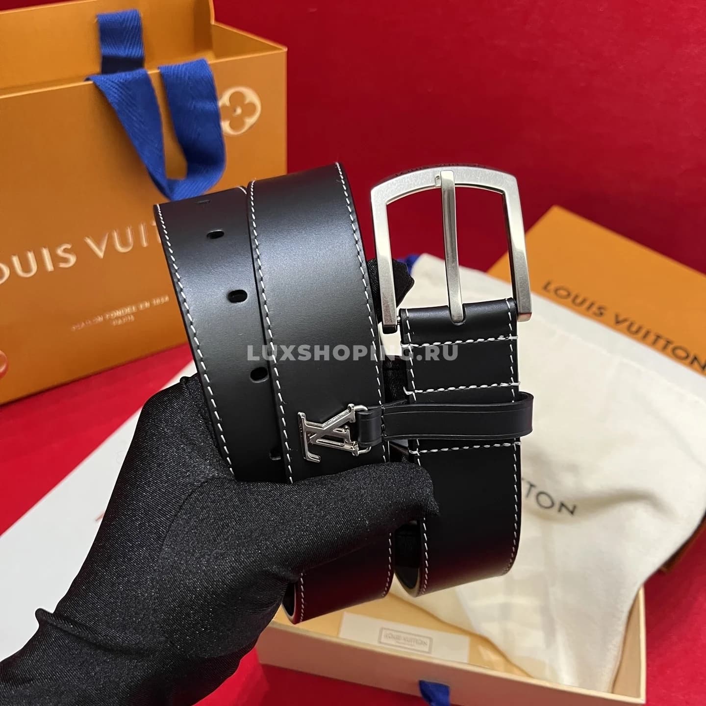 Мужской ремень Louis Vuitton 3.5см, черный silver - фото 4