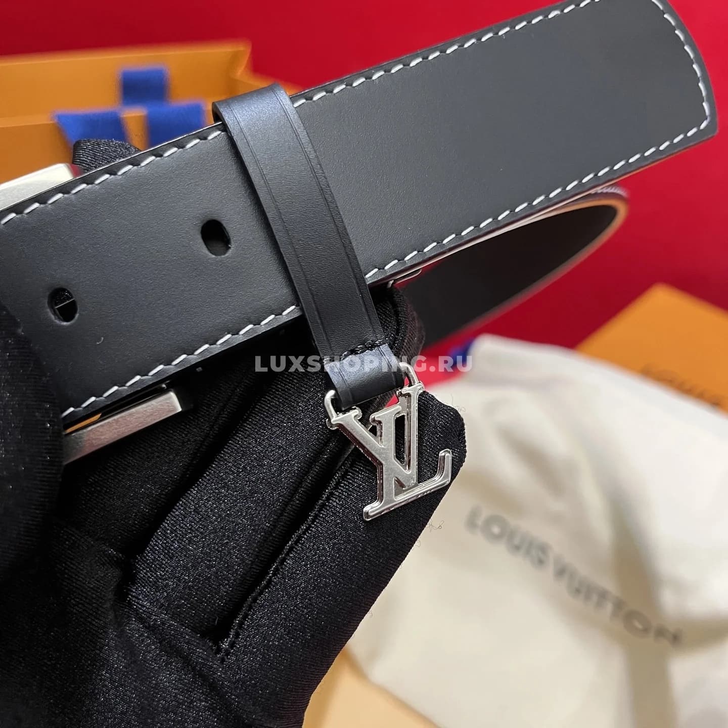 Мужской ремень Louis Vuitton 3.5см, черный silver - фото 5