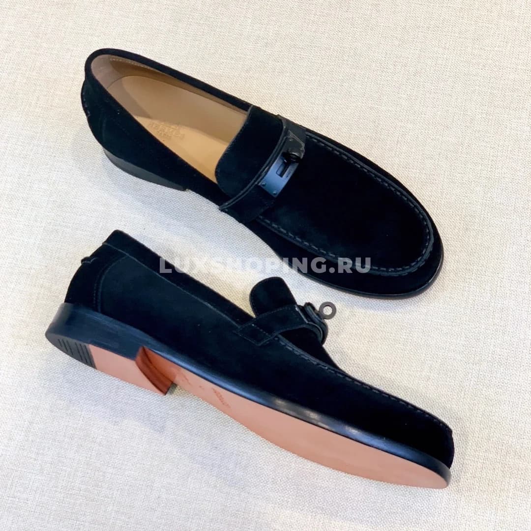 Мокасины Hermes замшевые с классической пряжкой синие - фото 4