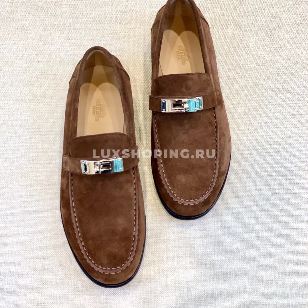Мокасины Hermes замшевые с классической пряжкой коричневые - фото 2