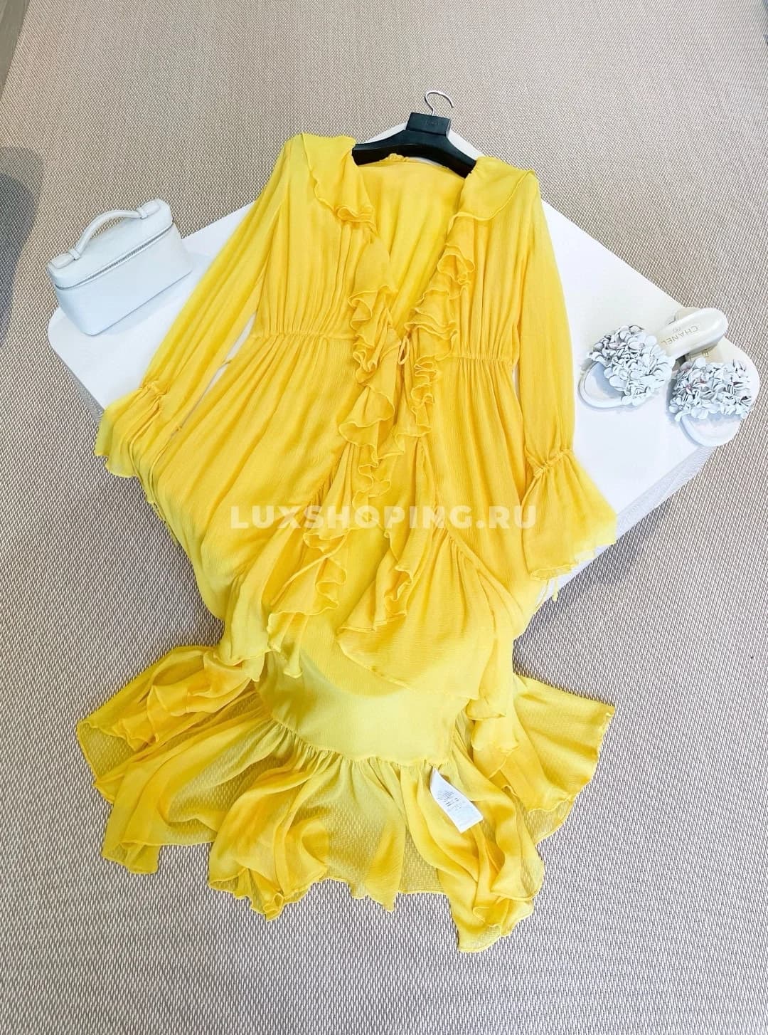 YSL Шёлковое платье лимонного оттенка с кружевной отделкой - фото 4