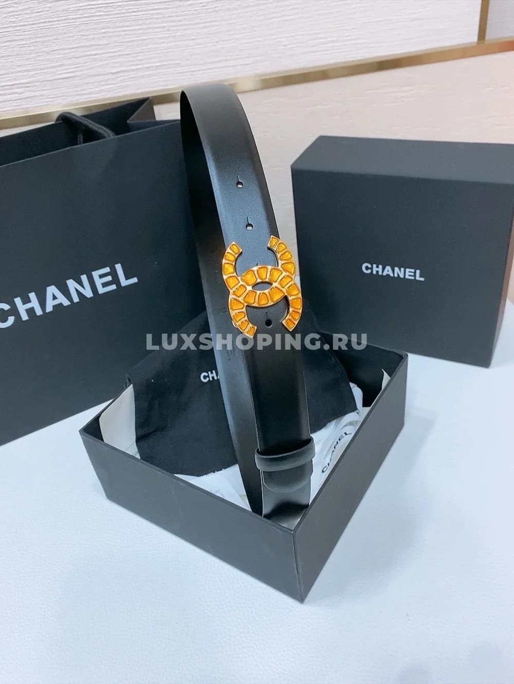 CHANEL Черный Кожаный ремень с камнями - фото 7