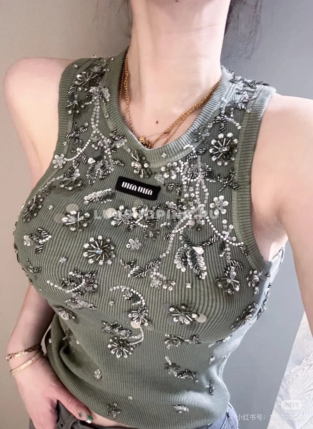 Хлопковая майка Miu Miu с бисером - фото 4