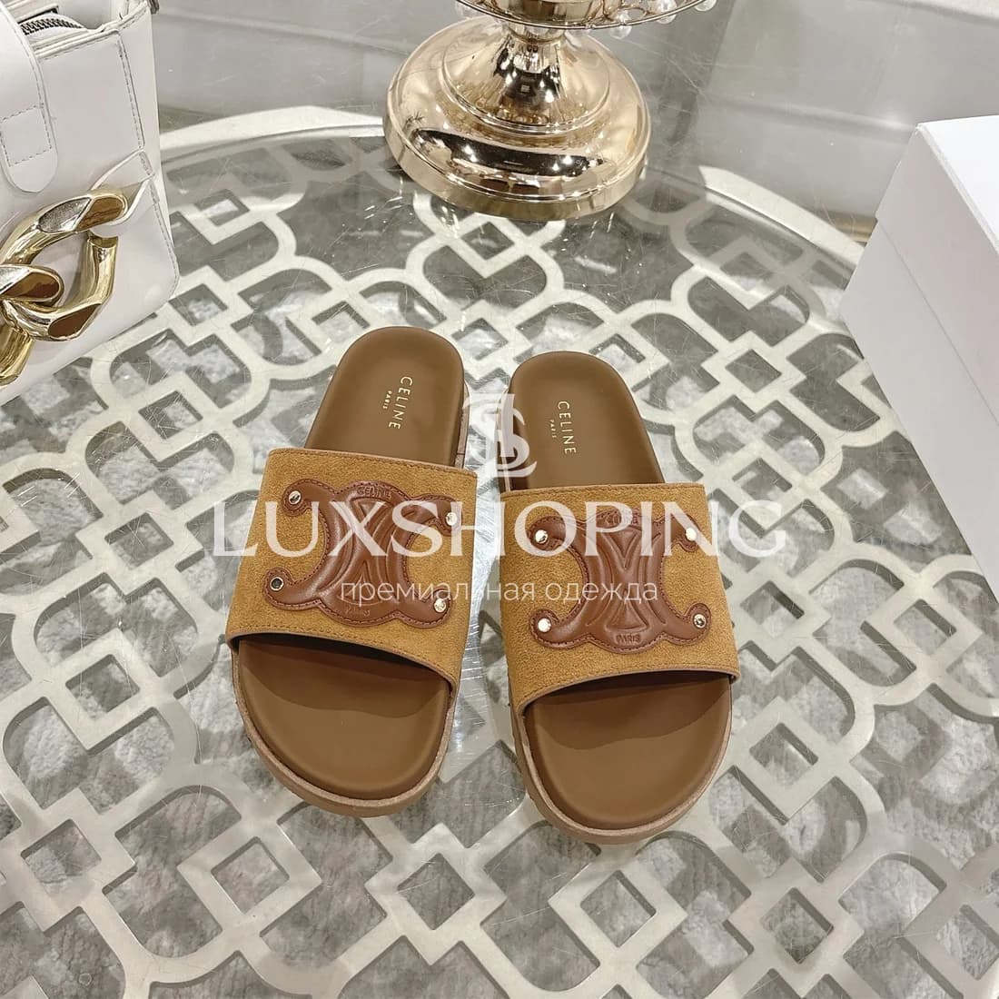 Шлепанцы Celine Лого Коричневый Шик - фото 2
