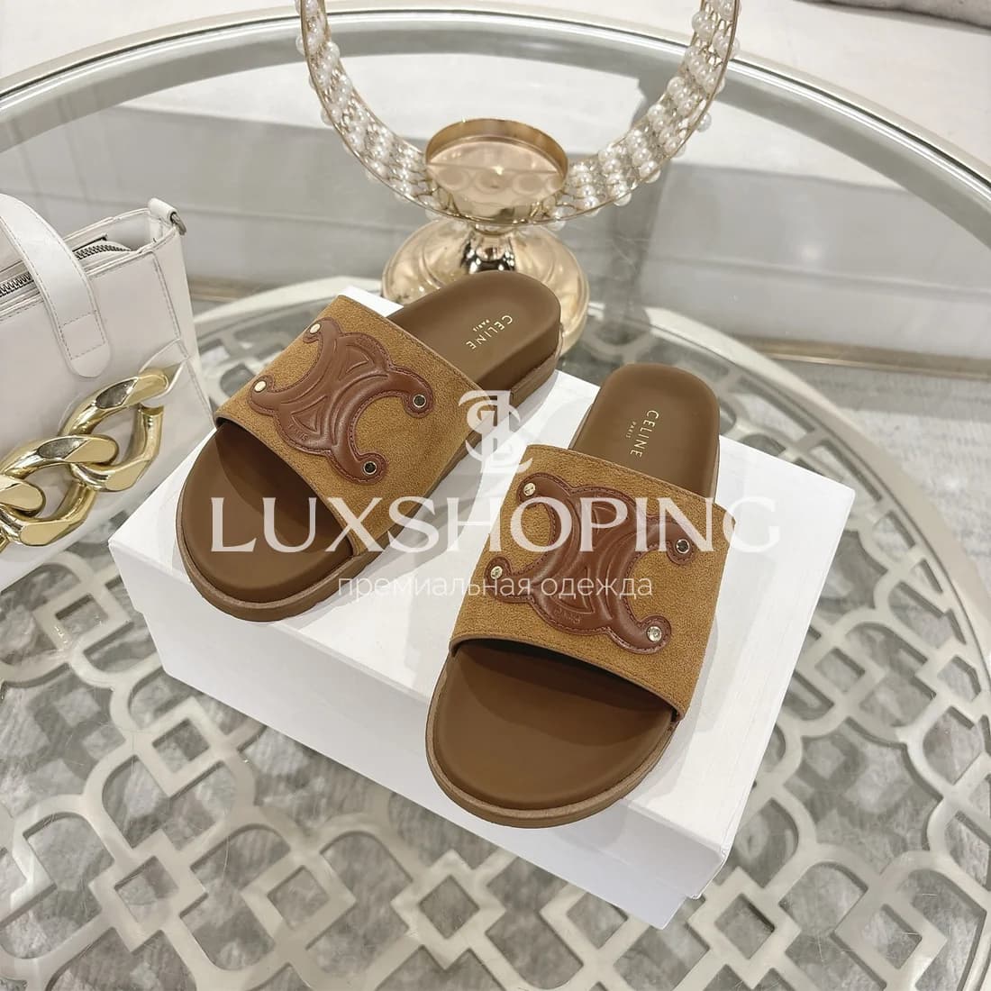 Шлепанцы Celine Лого Коричневый Шик - фото 3