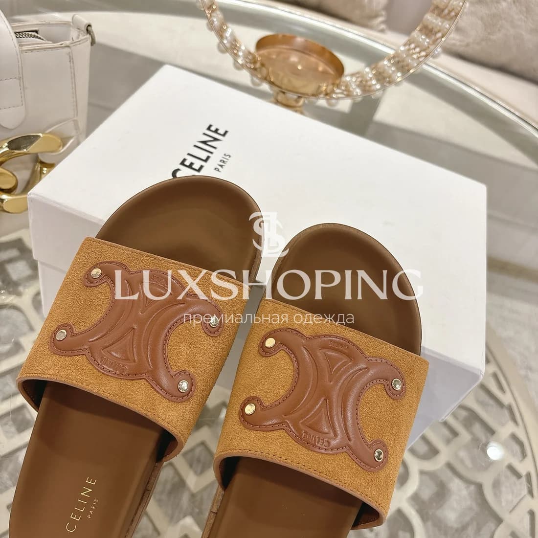 Шлепанцы Celine Лого Коричневый Шик - фото 4
