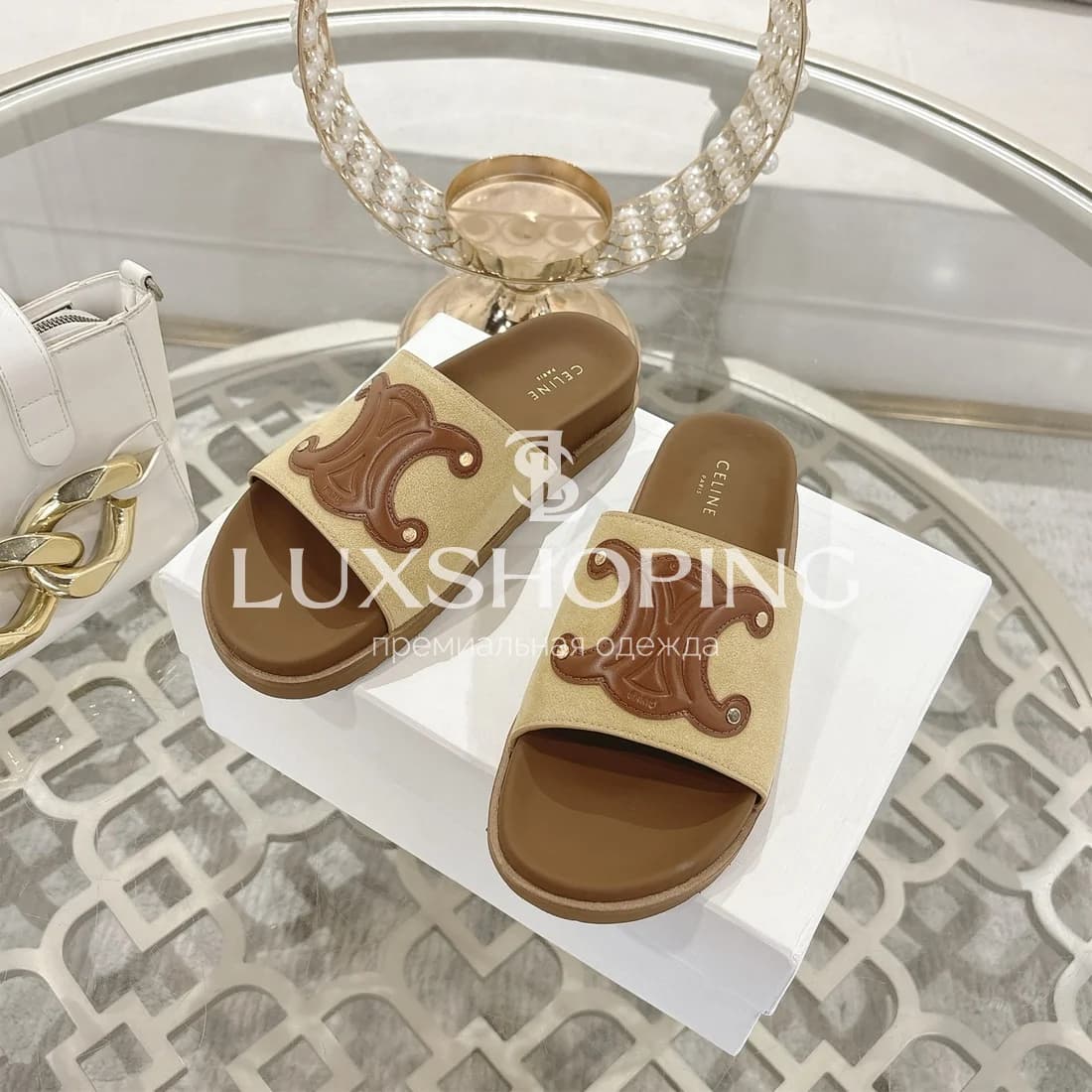 Шлепанцы Celine Лого Бежевый Шарм - фото 4