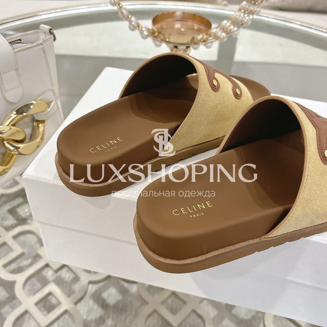 Шлепанцы Celine Лого Бежевый Шарм - фото 5