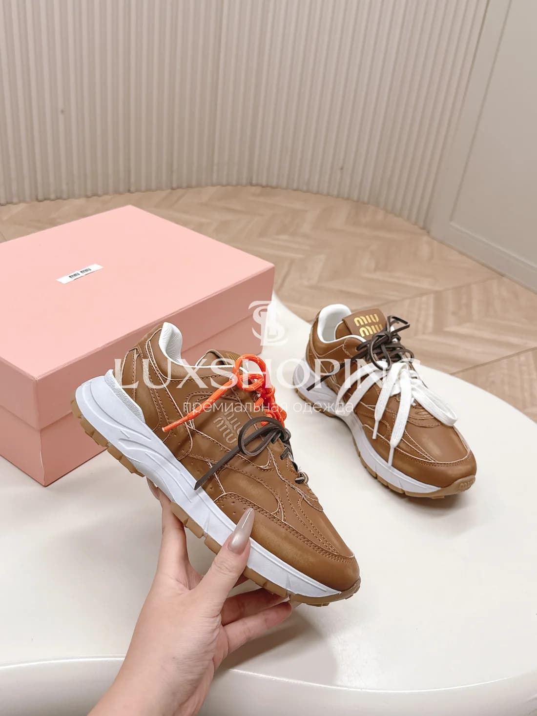 Кроссовки Miu Miu Кожаные Коричневые - фото 6