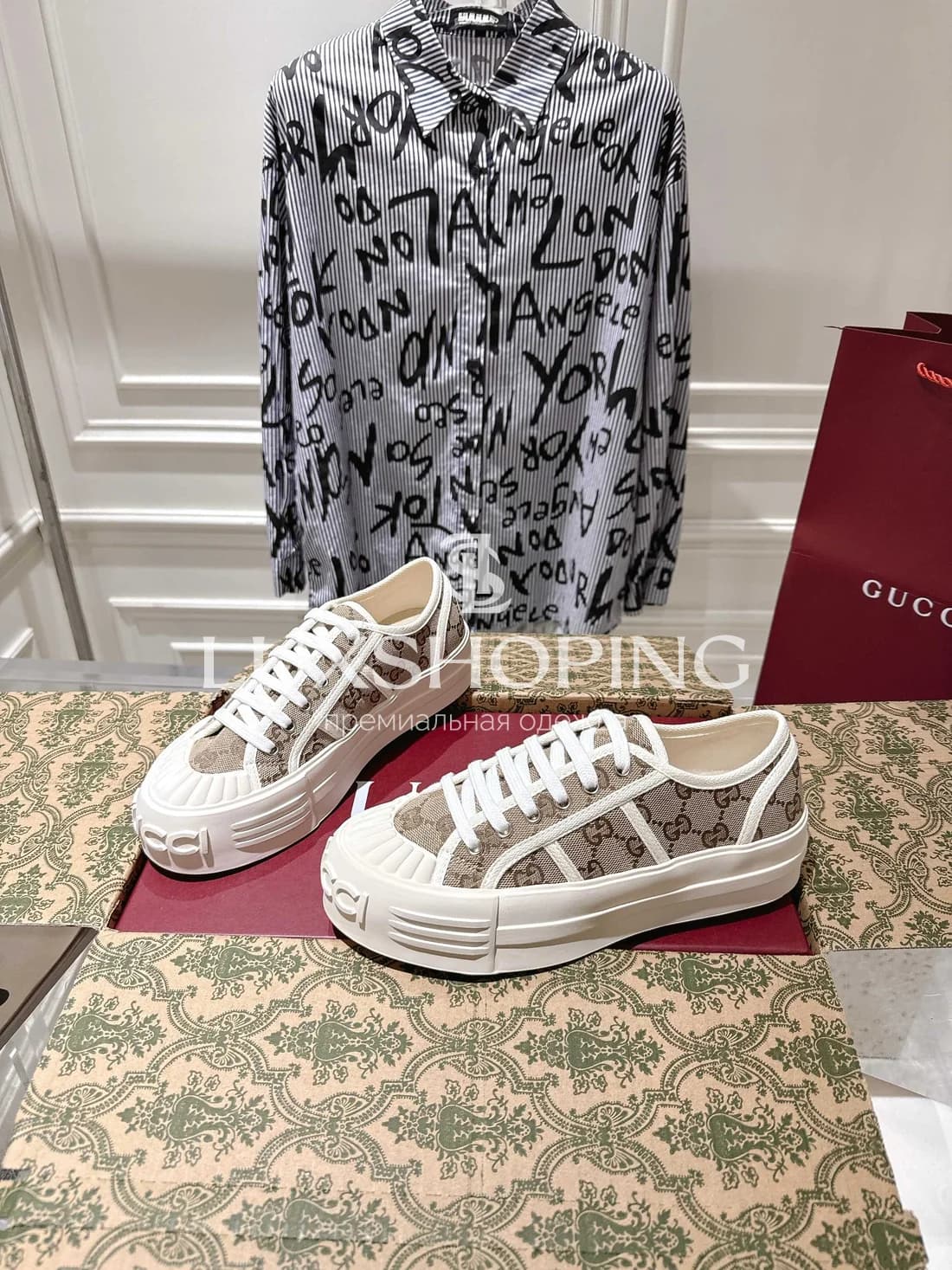 Кеды Gucci Высокие Бежевые - фото 2