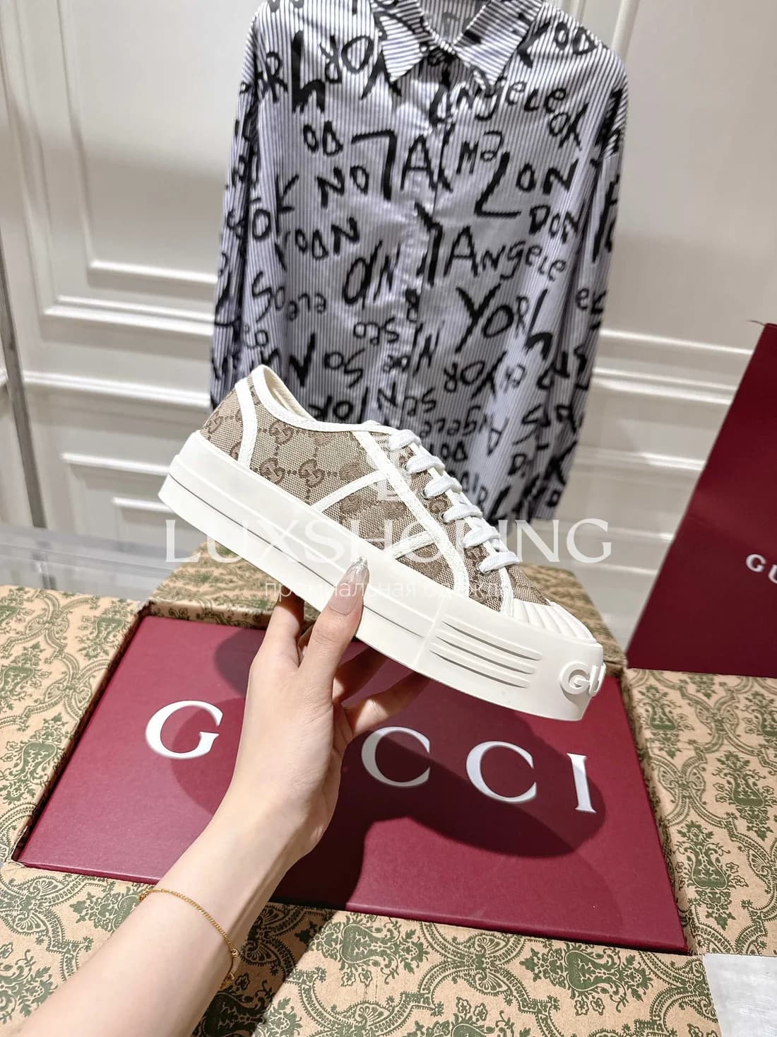 Кеды Gucci Высокие Бежевые - фото 7