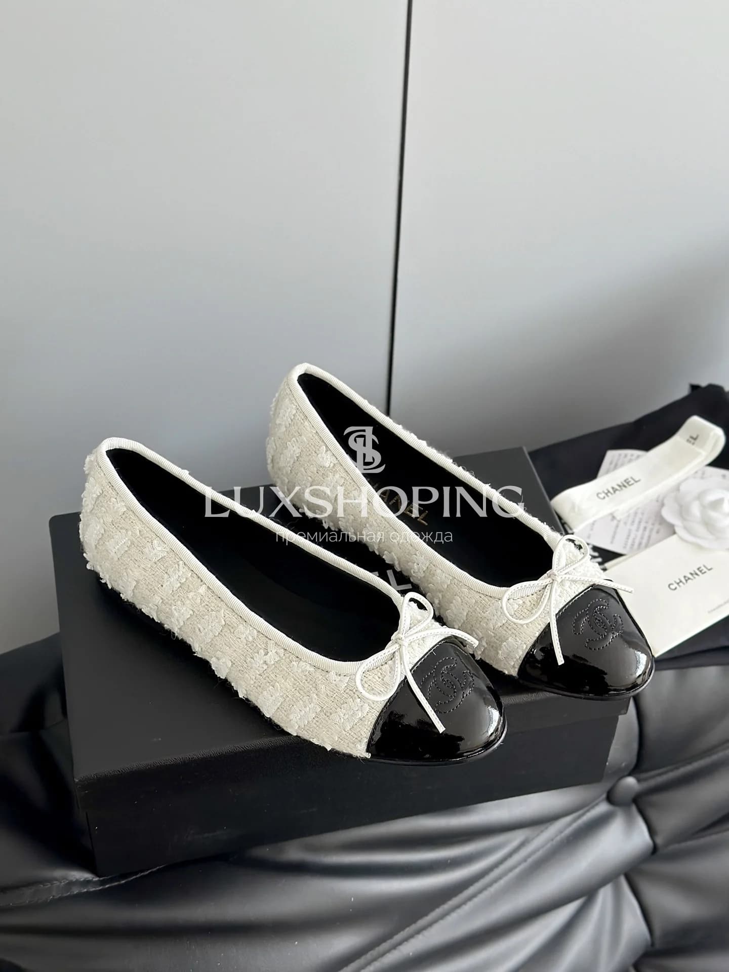 Балетки Chanel Ballet Flats Butterfly Bow твидовые белые - фото 5