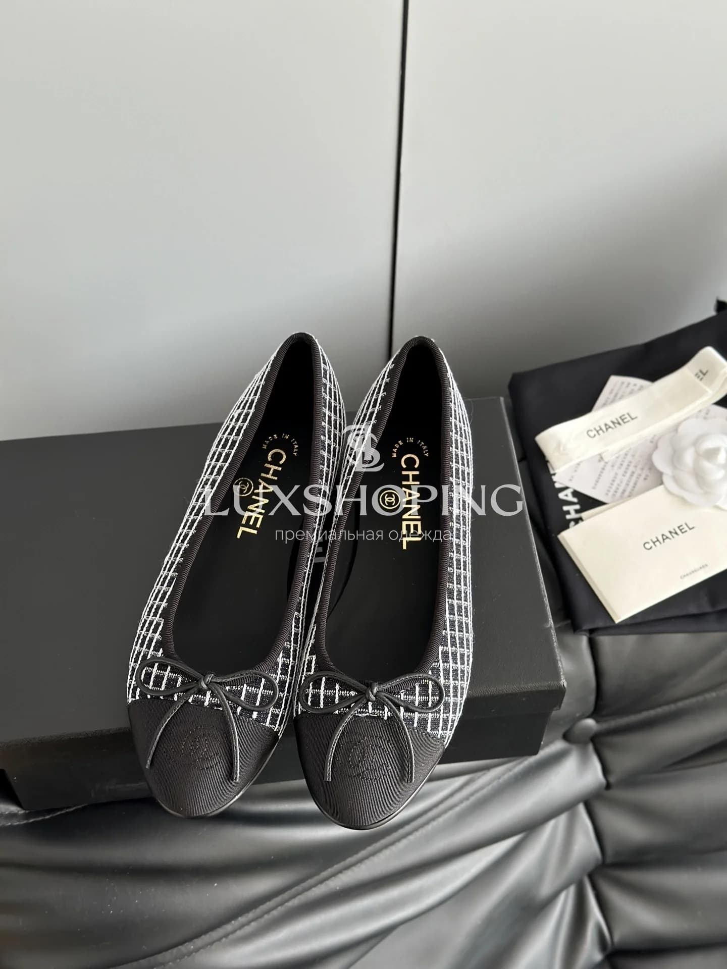 Балетки Chanel Ballet Flats Butterfly Bow тёмные в клетку - фото 2