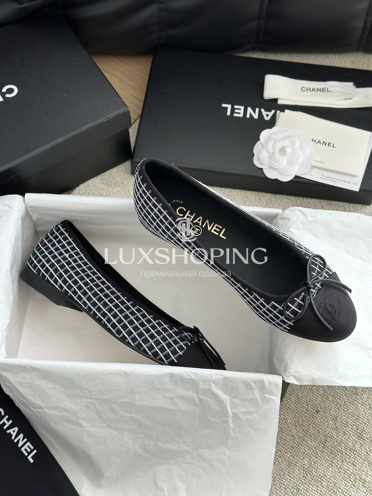 Балетки Chanel Ballet Flats Butterfly Bow тёмные в клетку - фото 4