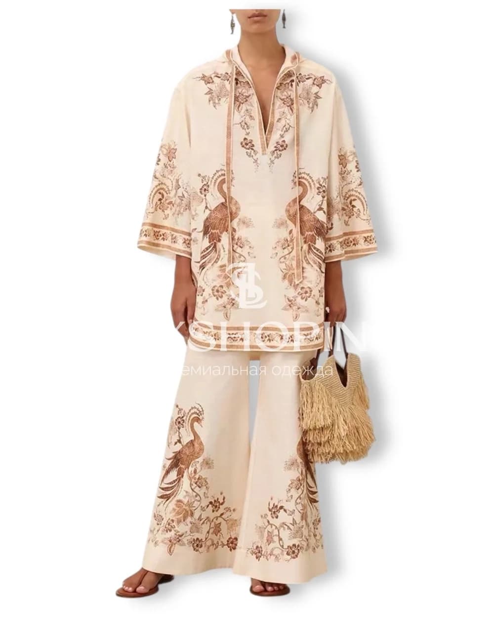 Комплект Zimmerman с принтом павлинов: блуза-туника с капюшоном и расклешённые брюки