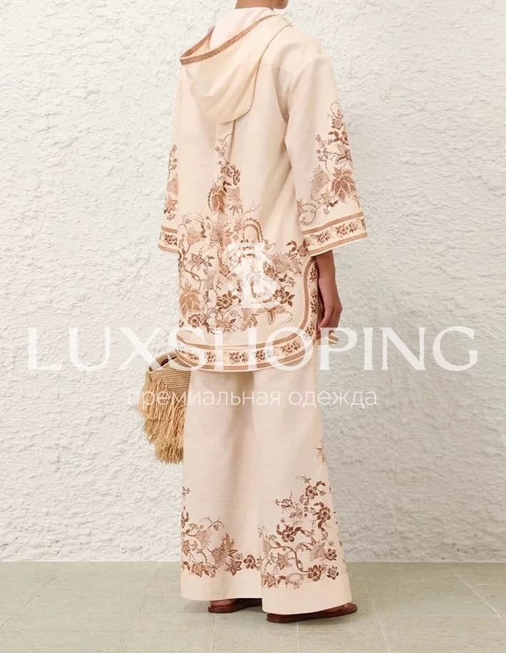 Комплект Zimmerman с принтом павлинов: блуза-туника с капюшоном и расклешённые брюки - фото 13