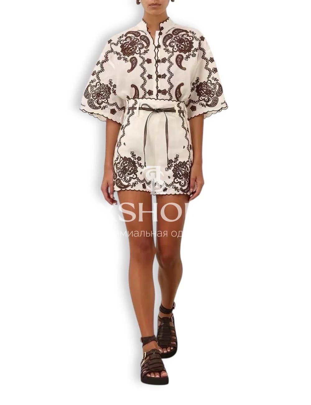 Комплект Zimmermann Ascension из 100% льна - рубашка и шорты с вышивкой