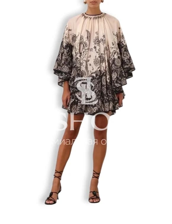 Zimmermann Платье Rhiannon Lantern из натурального шелка с черно-кремовым цветочным принтом