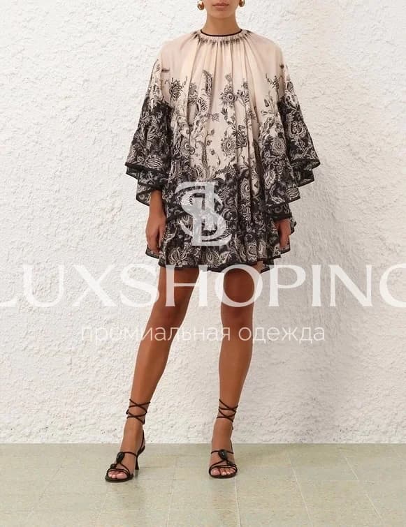 Zimmermann Платье Rhiannon Lantern из натурального шелка с черно-кремовым цветочным принтом - фото 2
