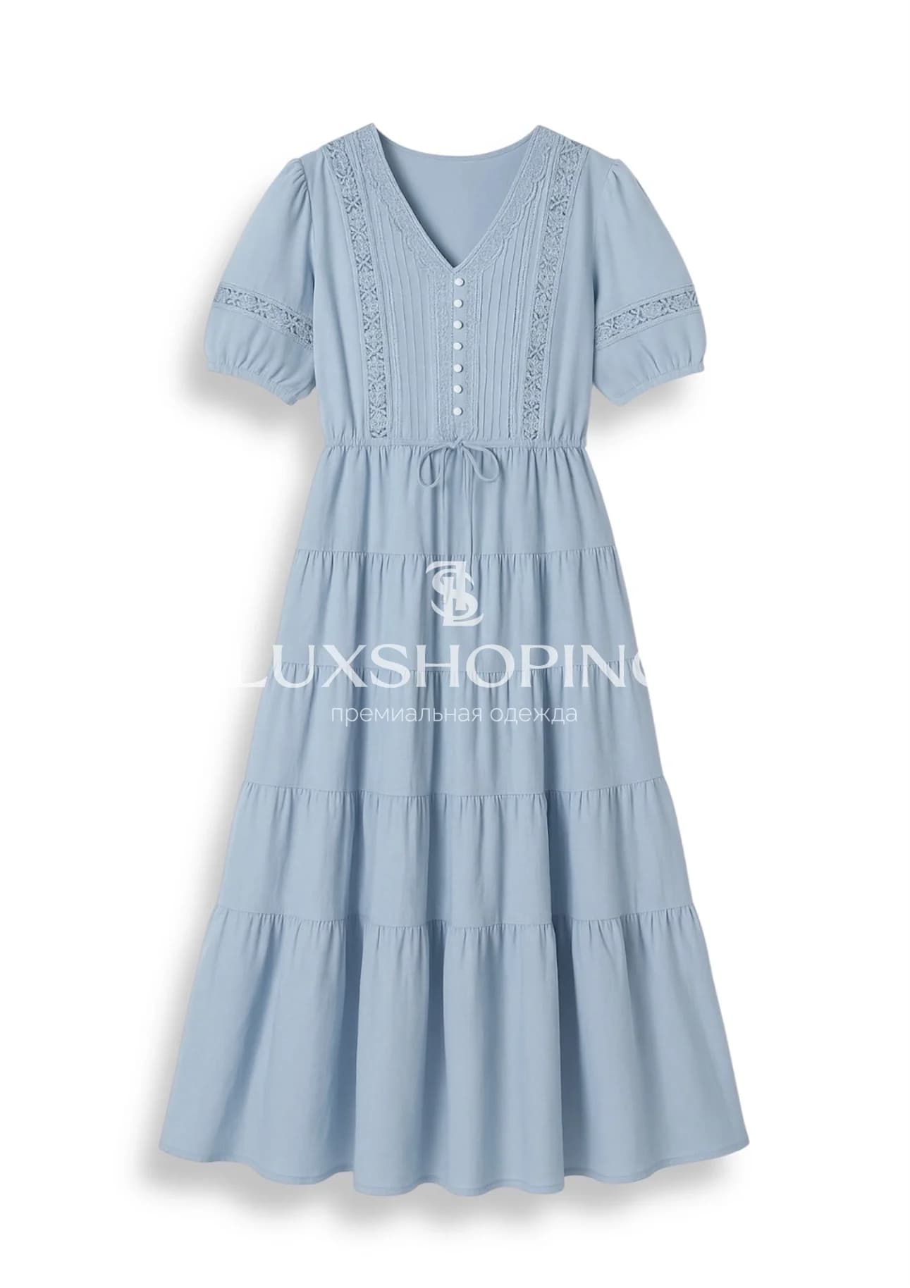 Chanel Платье миди Небесно-голубое с кружевом