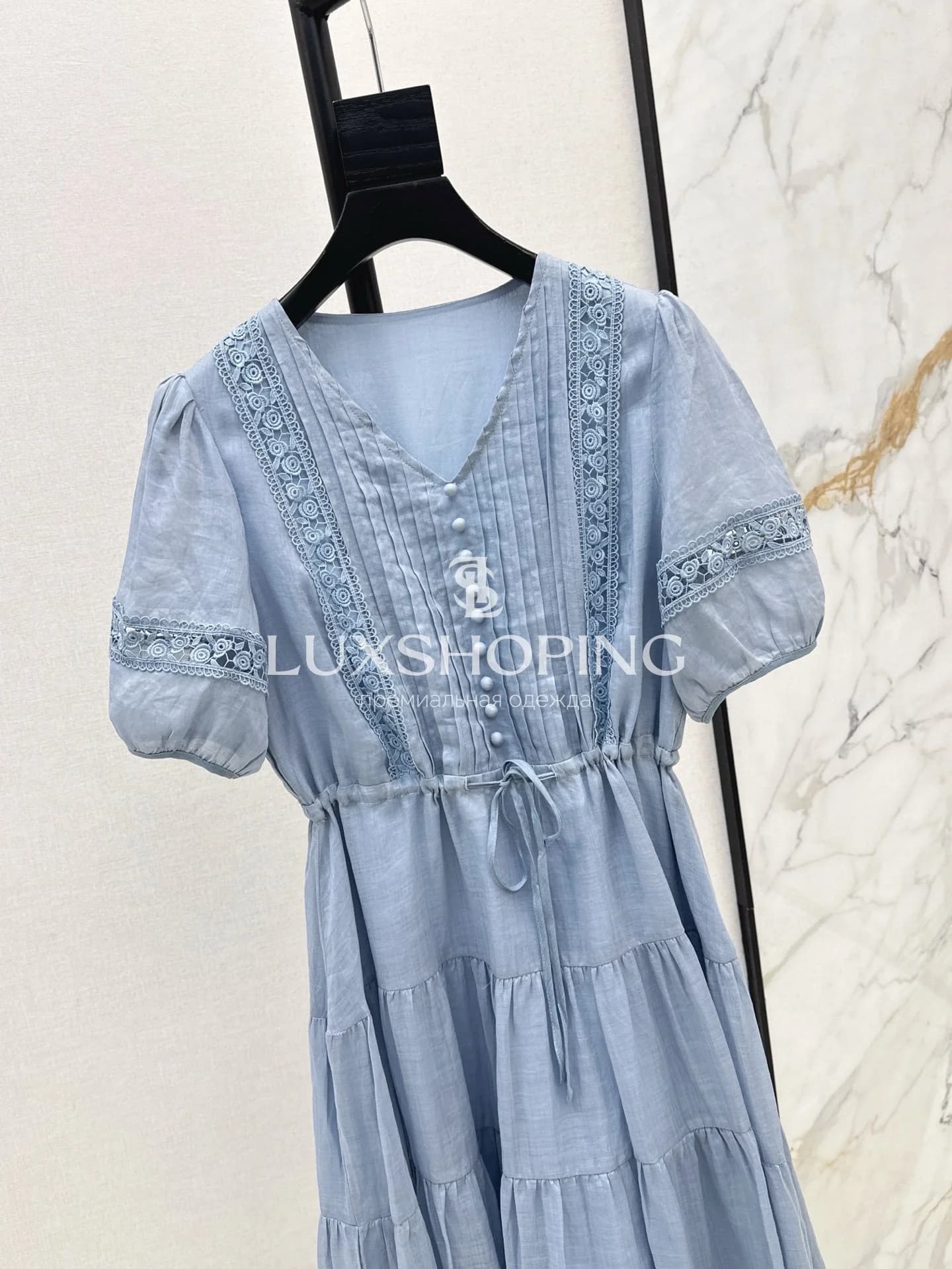 Chanel Платье миди Небесно-голубое с кружевом - фото 3