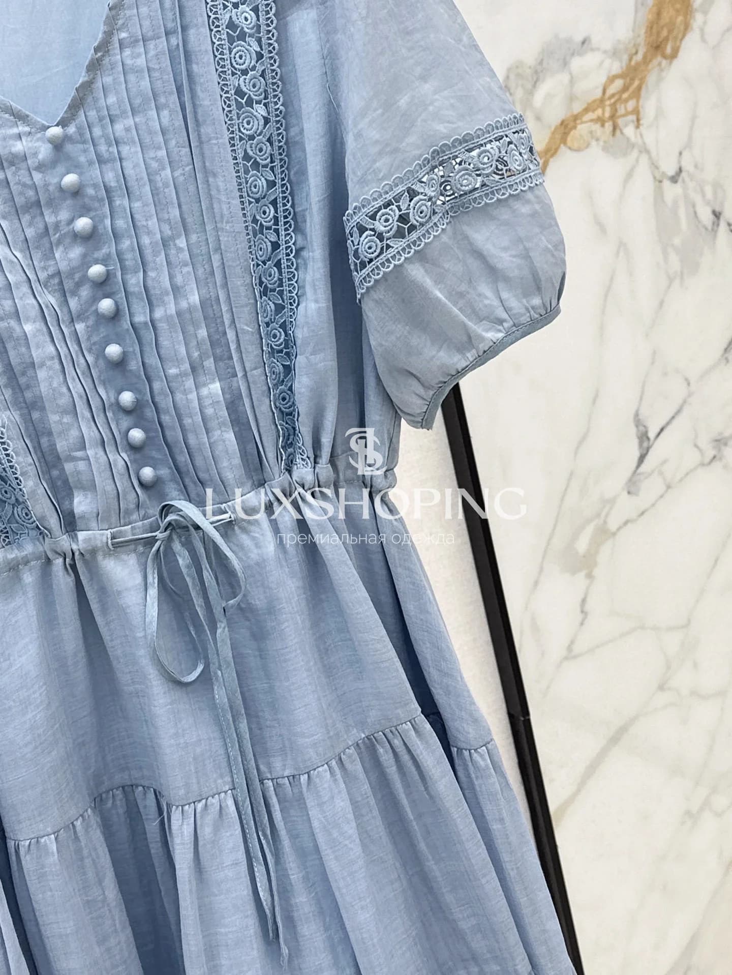 Chanel Платье миди Небесно-голубое с кружевом - фото 6