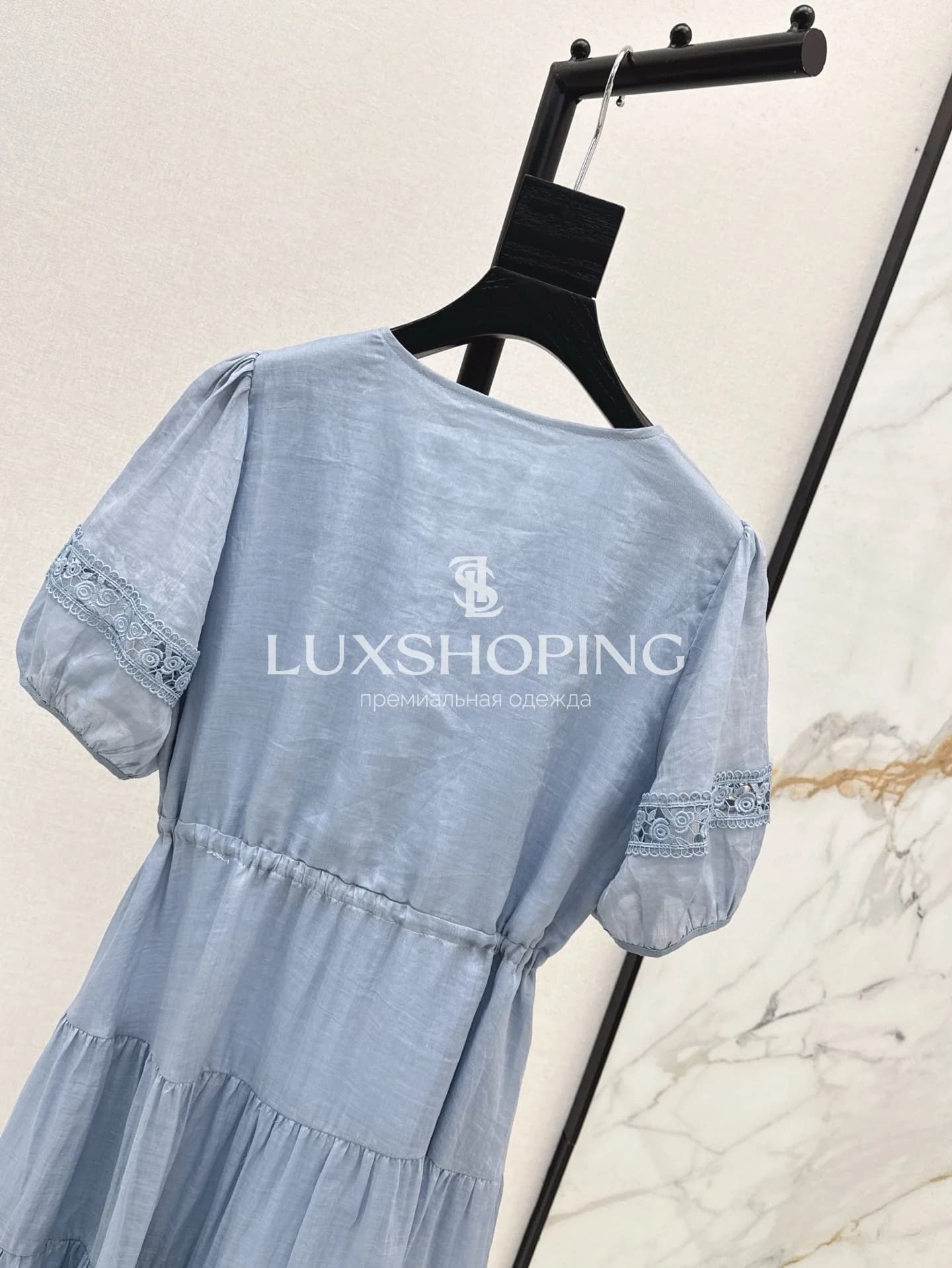 Chanel Платье миди Небесно-голубое с кружевом - фото 9