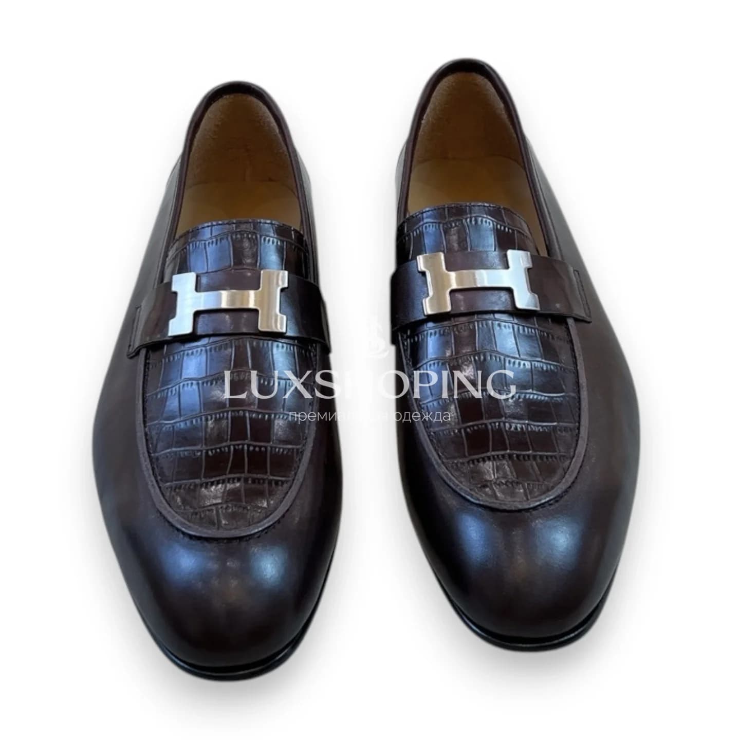 Темно-коричневые кожаные лоферы Hermès с имитацией змеиной кожи