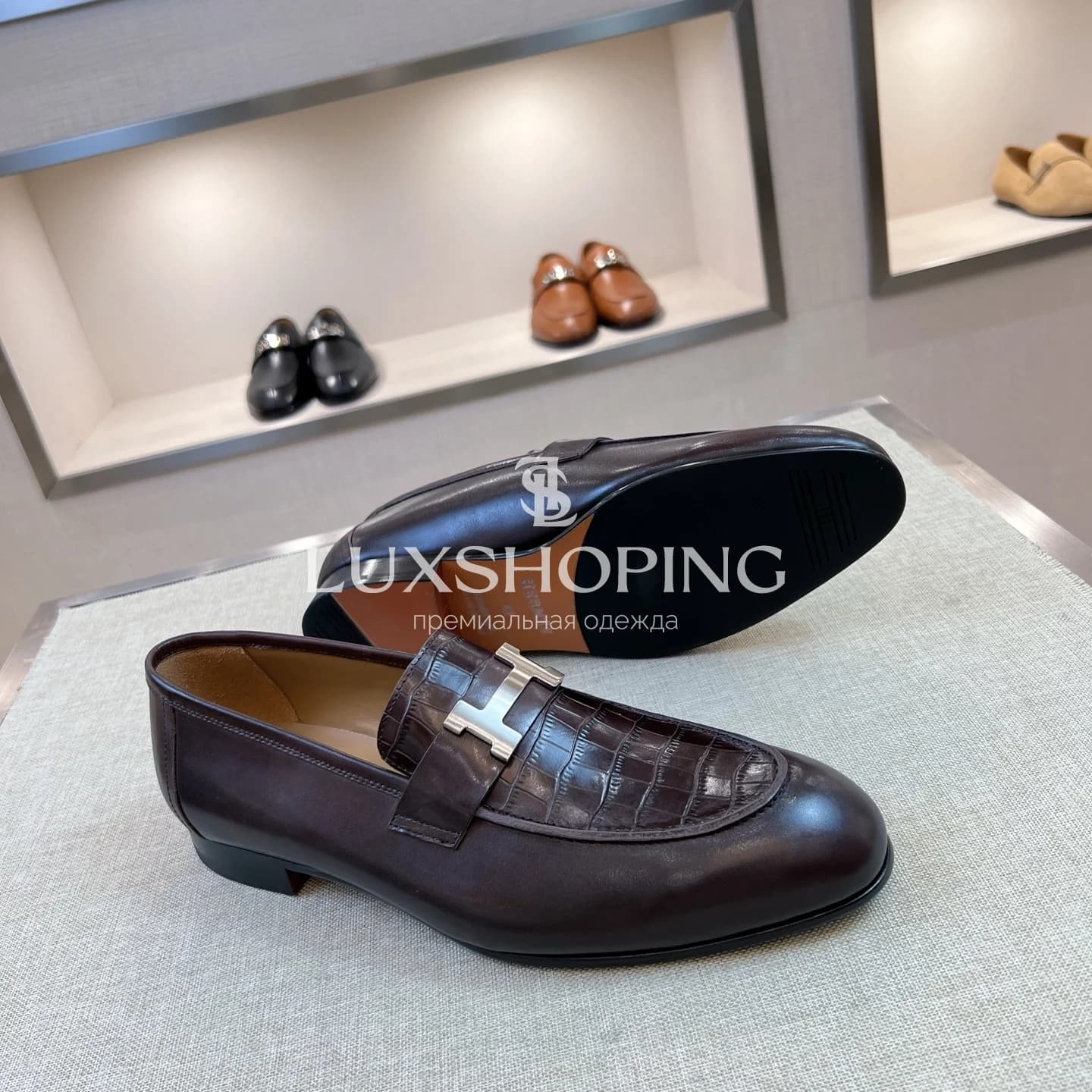 Темно-коричневые кожаные лоферы Hermès с имитацией змеиной кожи - фото 5