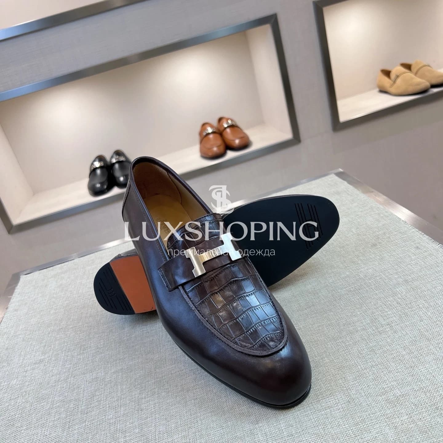 Темно-коричневые кожаные лоферы Hermès с имитацией змеиной кожи - фото 8