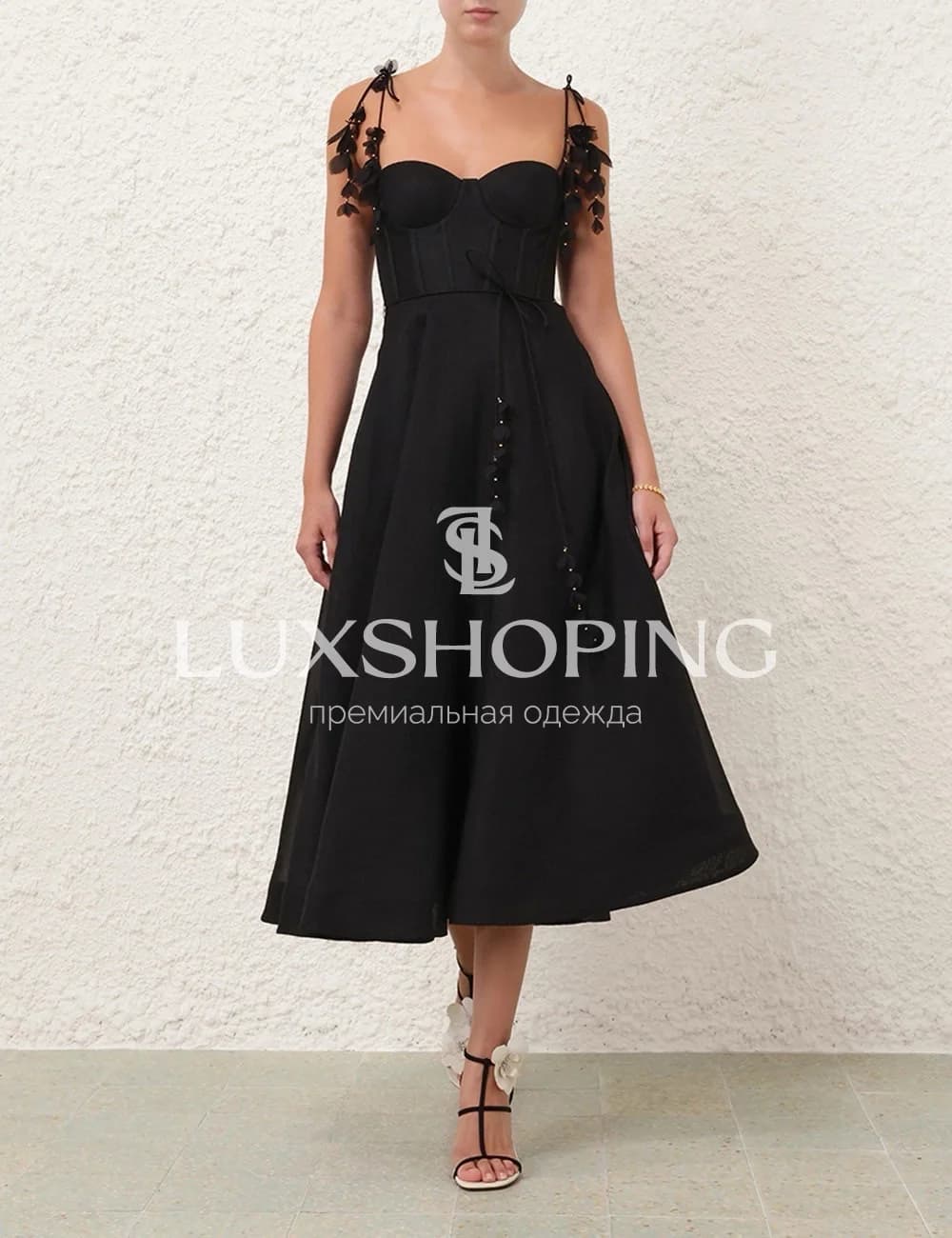 Платье Zimmermann "Natura Corset Dress" — черное миди из льна и шелка с корсетным лифом - фото 5