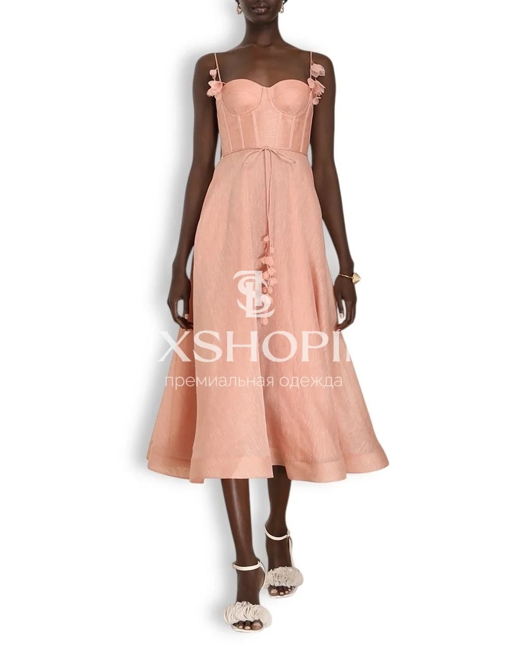 Платье Zimmermann "Natura Corset Dress" — персиковое миди из льна и шелка с корсетным лифом