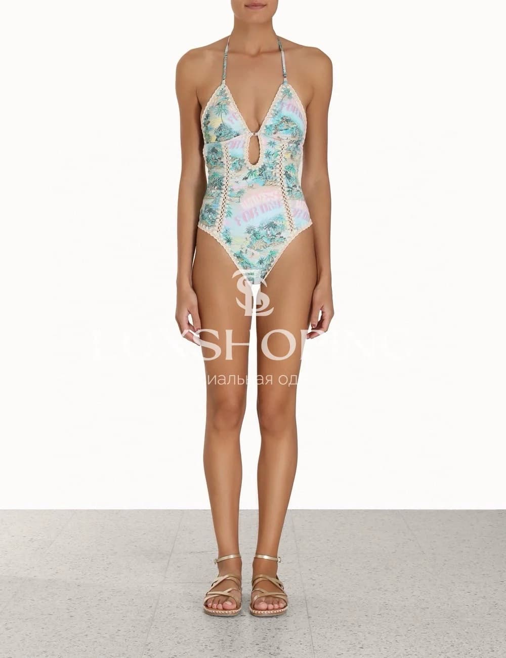 Слитный купальник Zimmermann "Vacay Keyhole Crochet" — тропический принт и вязаная отделка - фото 2