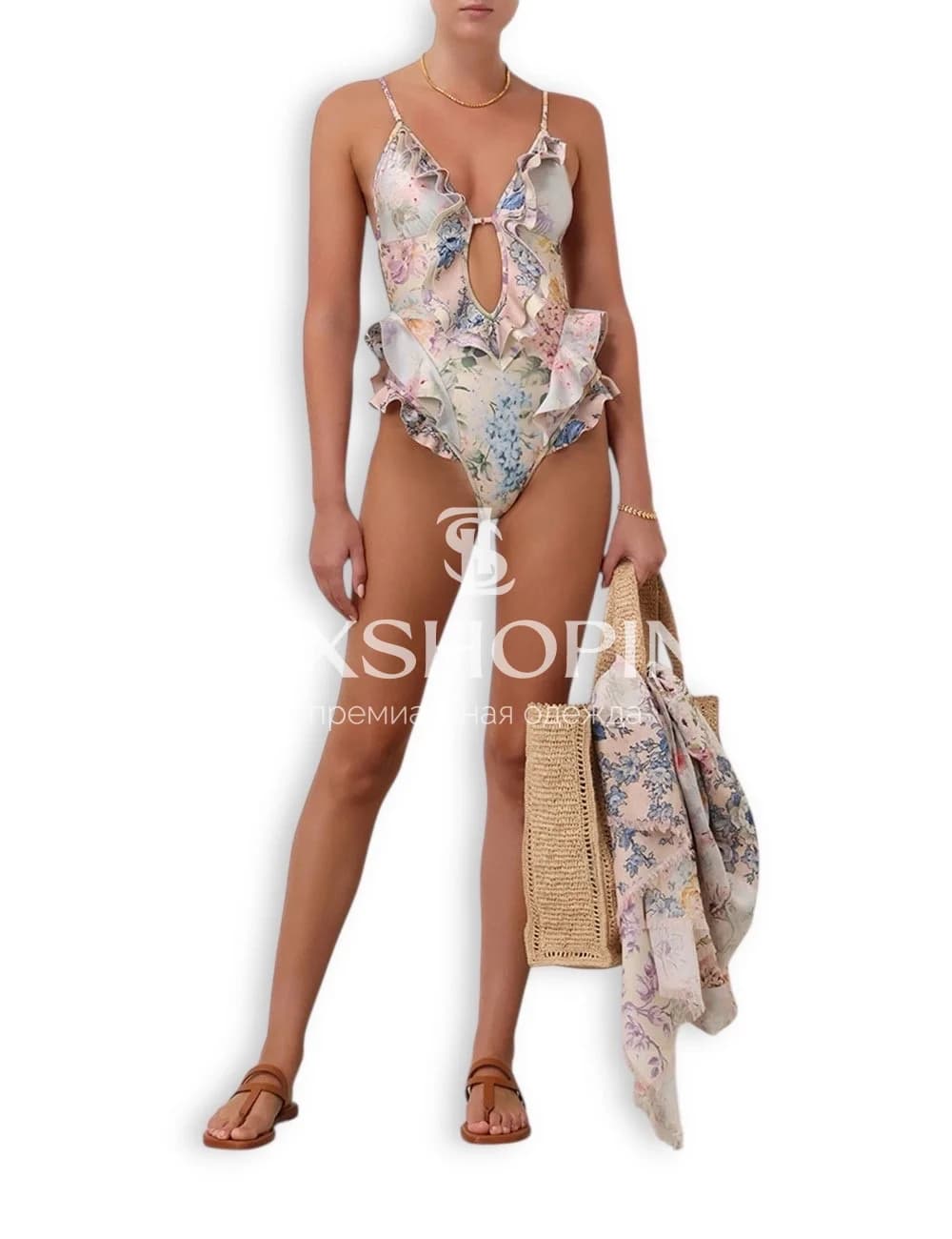 Слитный купальник Zimmermann "Halliday Waterfall Frill" — цветочный принт и воланы