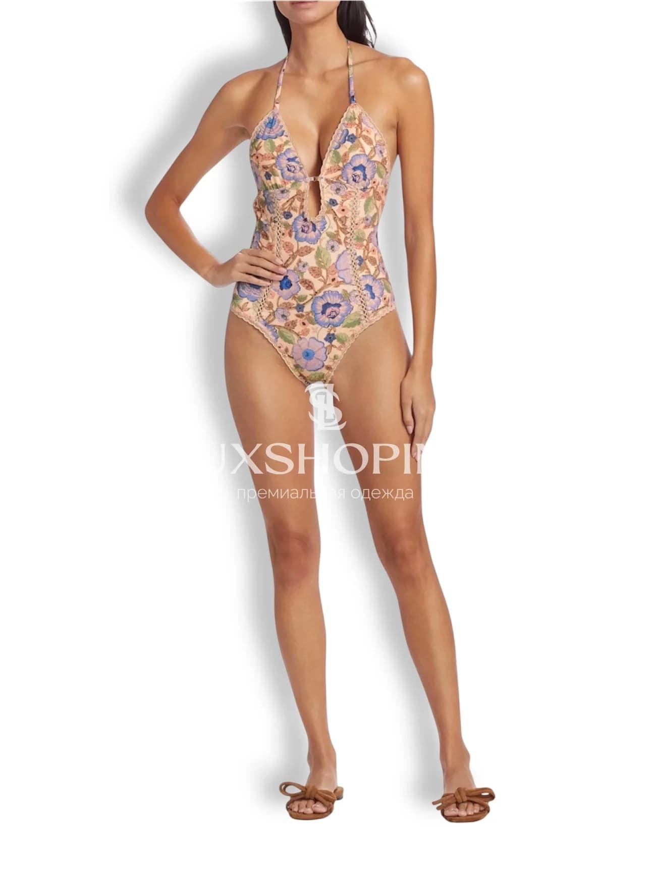 Слитный купальник Zimmermann "Junie Crochet Edge" — ретро-принт и кружевная отделка