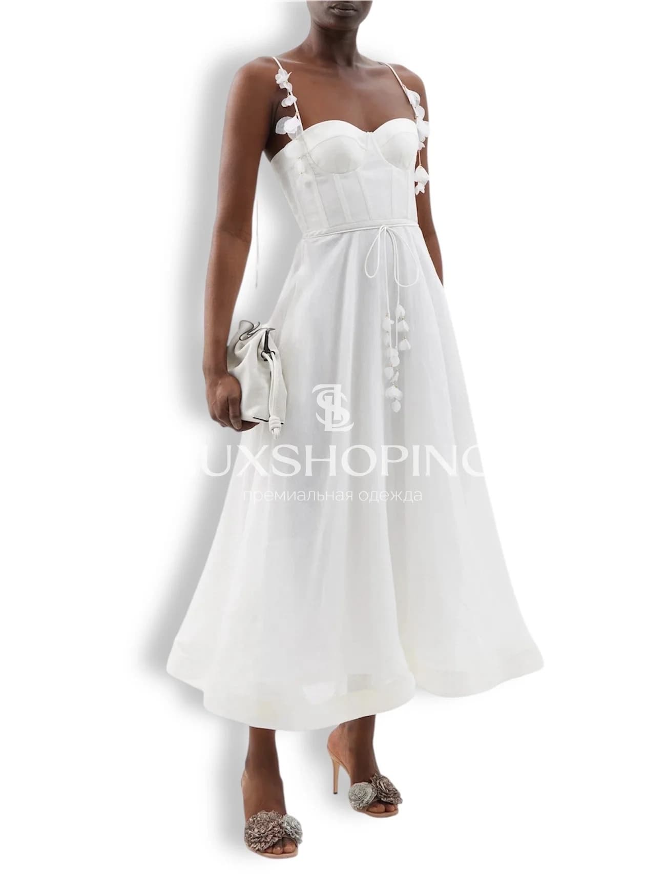 Платье Zimmermann "Natura Corset Dress" — белоснежное миди из льна и шелка с корсетным лифом