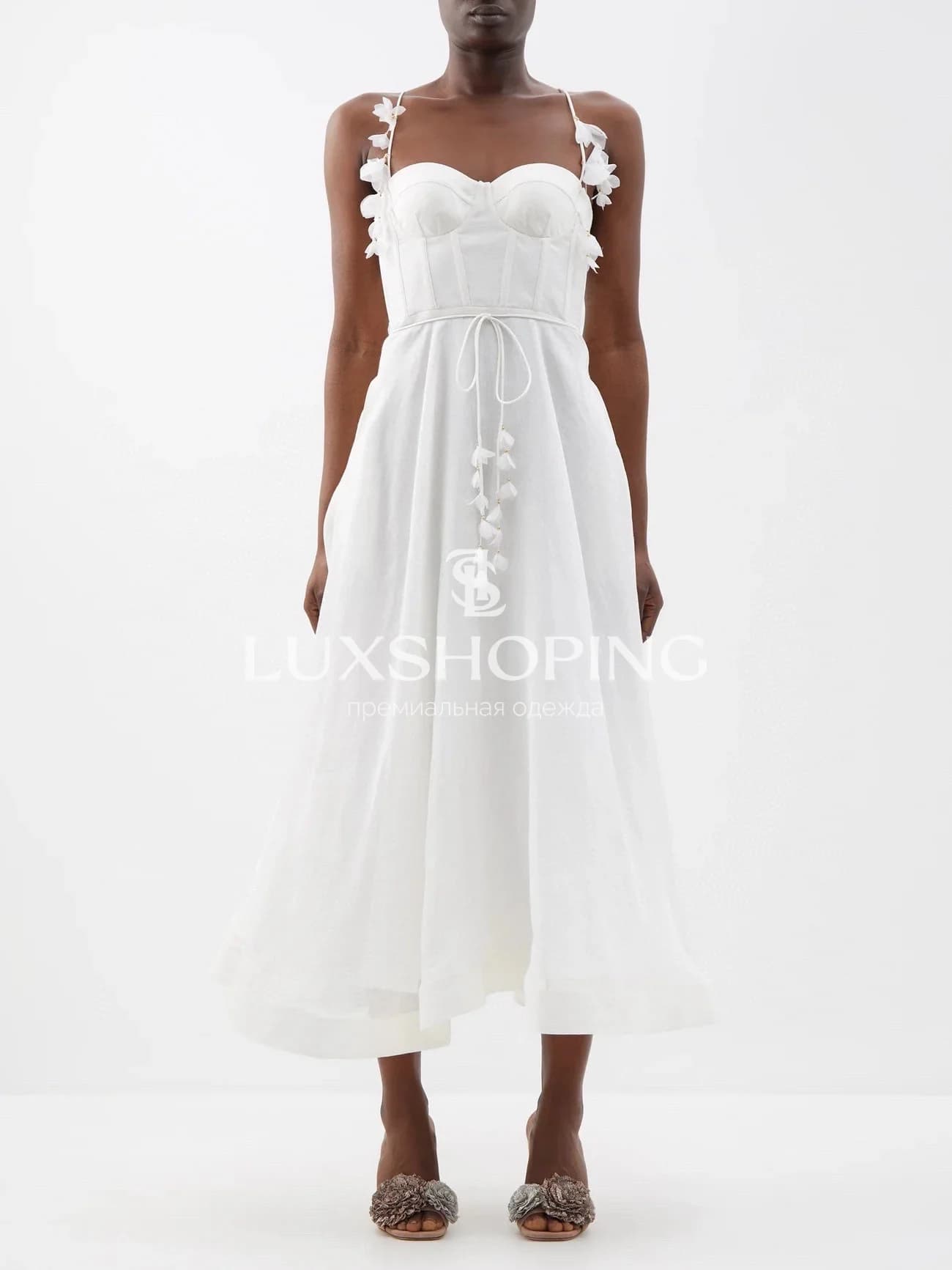 Платье Zimmermann "Natura Corset Dress" — белоснежное миди из льна и шелка с корсетным лифом - фото 7