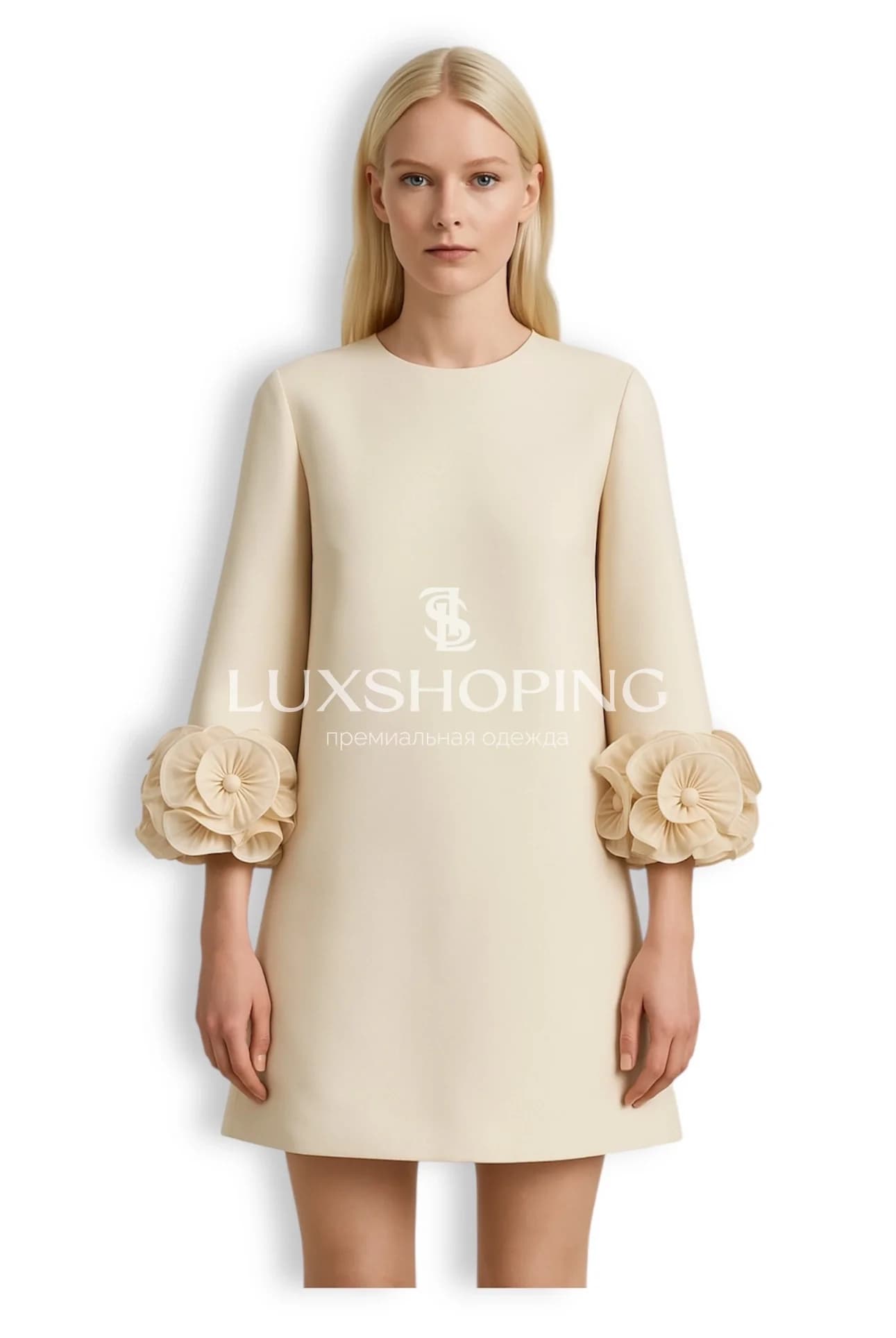 Valentino – Кремовое мини-платье с цветочными рукавами