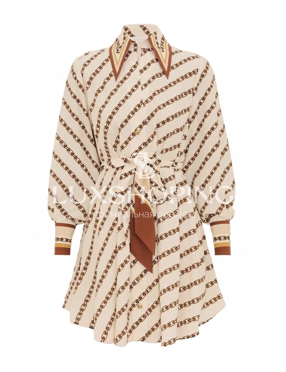 ZIMMERMANN – кремовое Платье-рубашка Tuck Mini Shirt Dress с принтом цепей - фото 6
