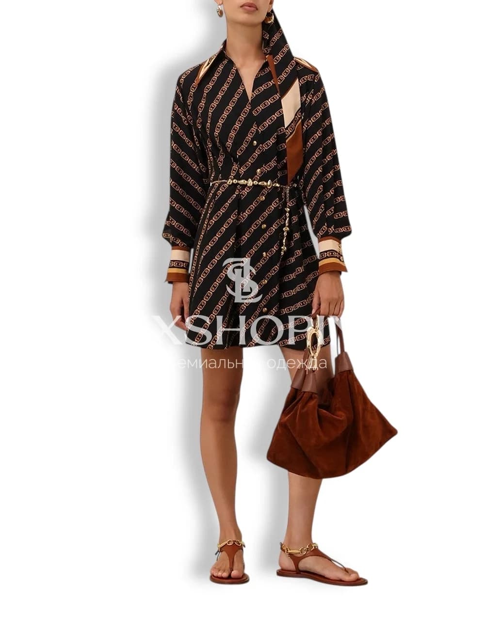 ZIMMERMANN –  черное Платье-рубашка Tuck Mini Shirt Dress с принтом цепей