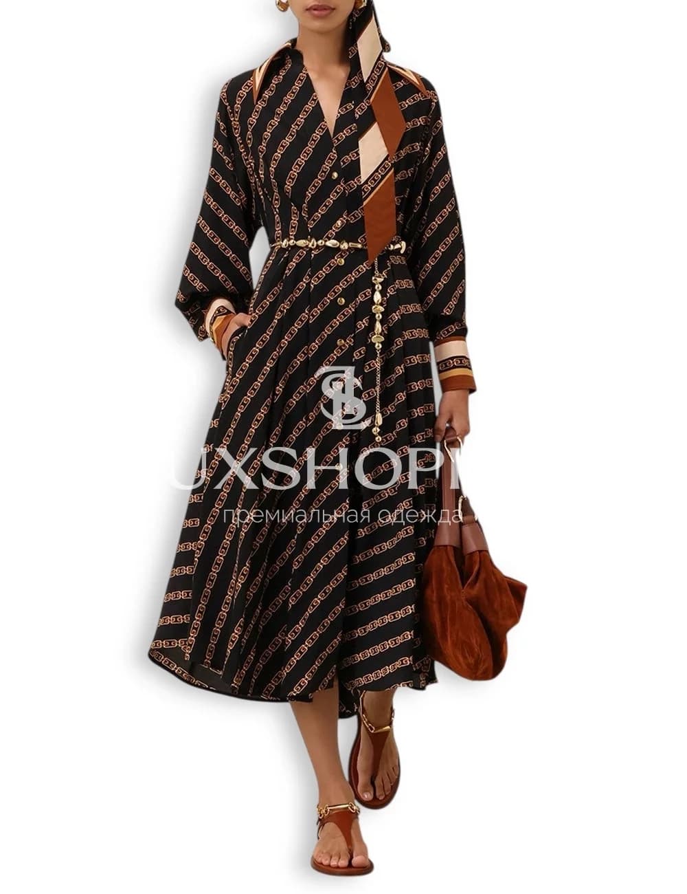 Zimmermann Tuck Midi Shirt Dress – Черное Платье-рубашка миди с цепочным принтом