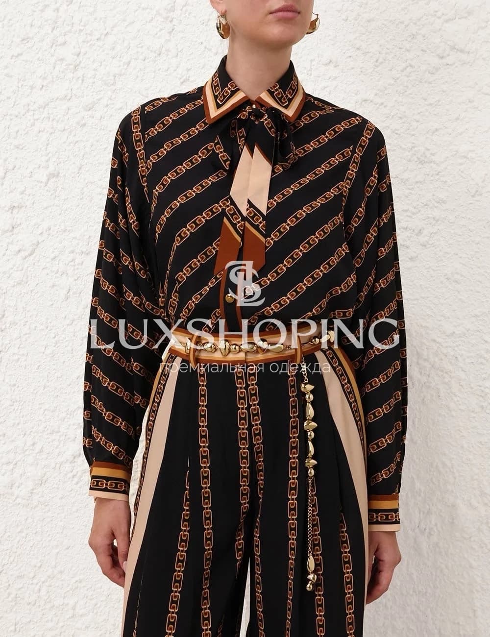 Комплект Zimmermann из коллекции ILLUMINATE: шелковая рубашка с бантом + широкие брюки с поясом - фото 5